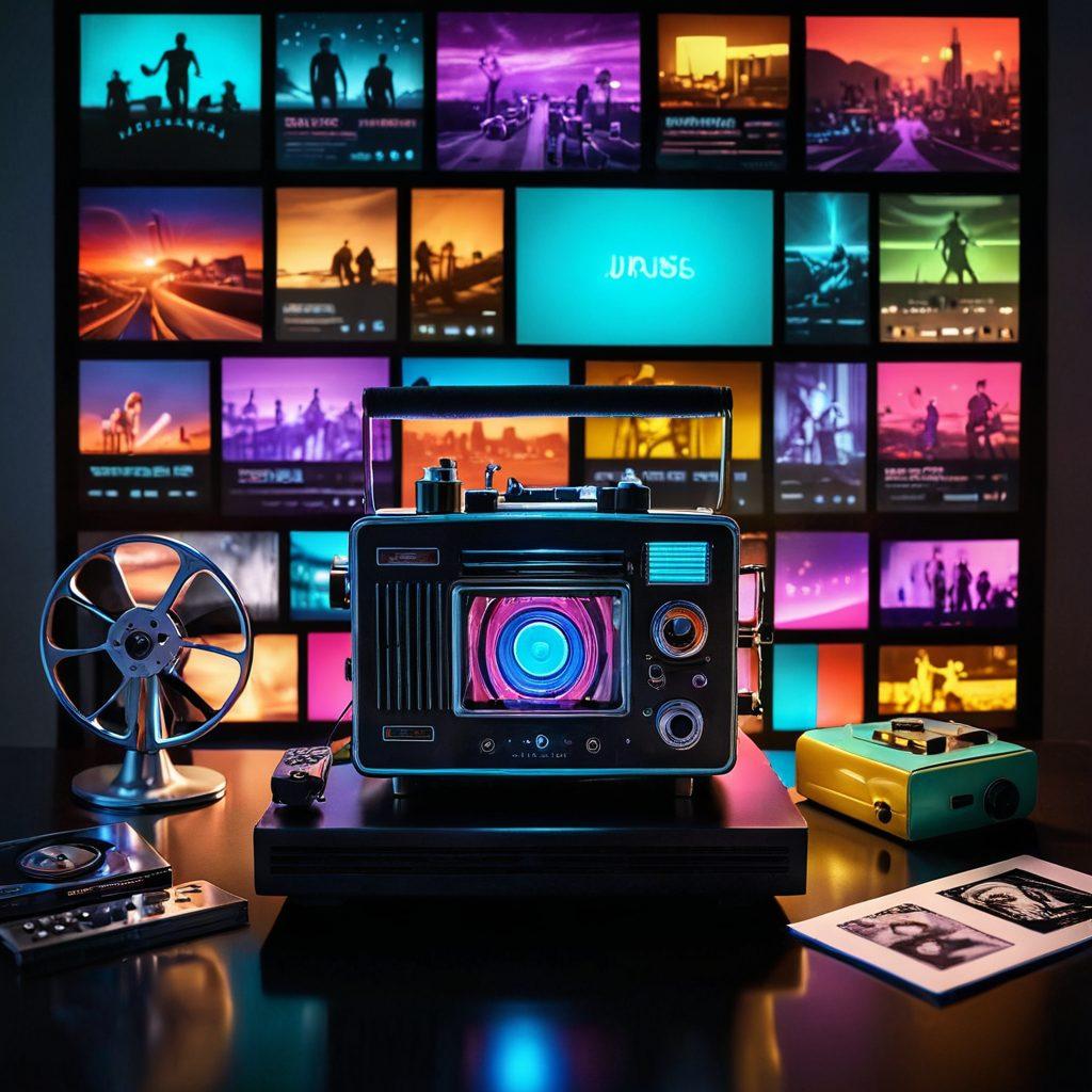 A vibrant collage depicting the evolution of adult entertainment, featuring a vintage film projector, classic film reels, and a 2020s streaming device on a futuristic table. Surrounding these elements, illustrate the transformation with glowing screens showcasing iconic scenes from different eras, blending nostalgia and modernity. The backdrop should represent a gradual timeline with a spectrum of colors, emphasizing the transition. super-realistic. vibrant colors. white background.