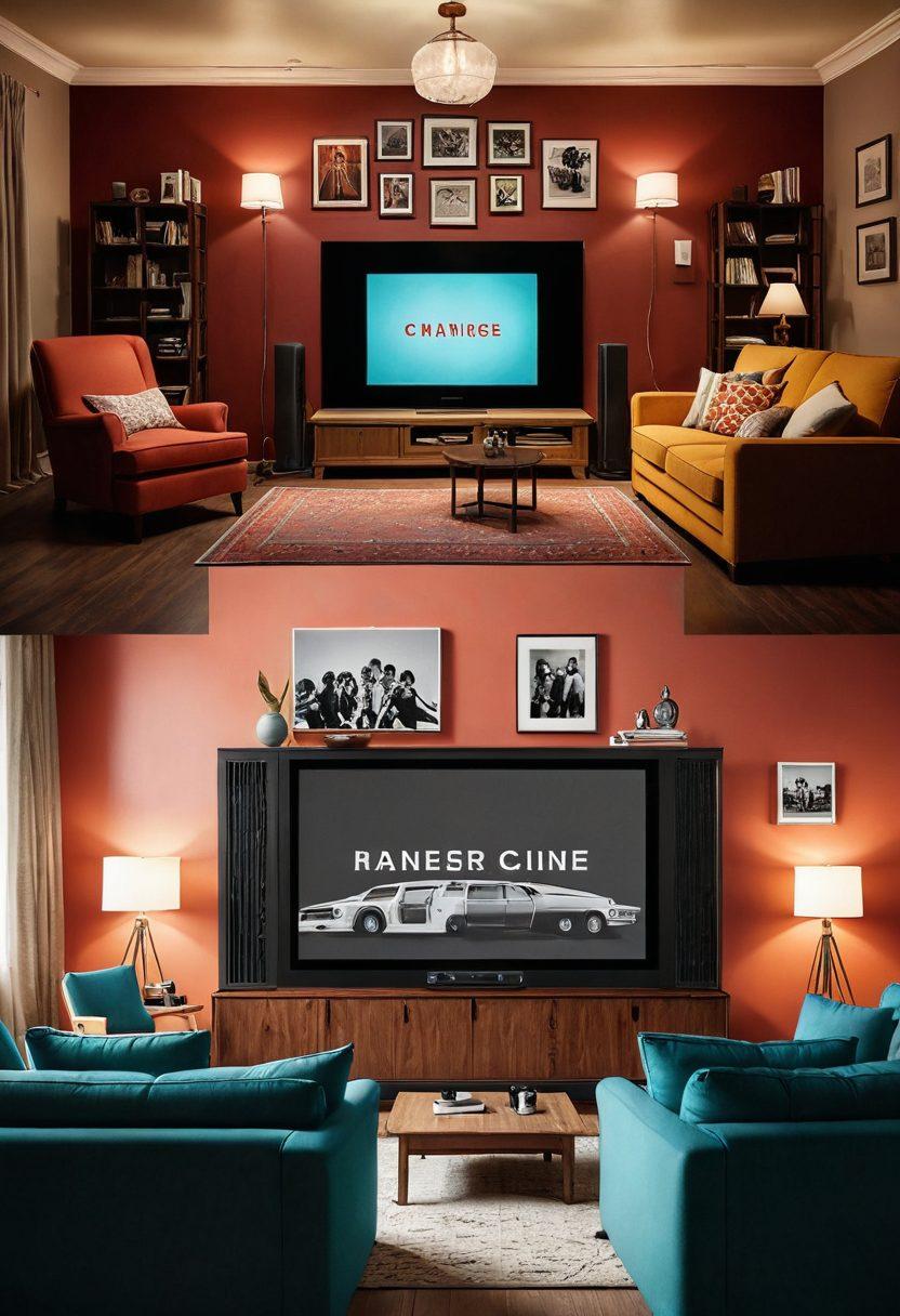 A split-image design illustrating the evolution of adult media consumption: one side showing a vintage cinema with a classic film screen and people watching, while the other side showcases modern devices like smartphones and tablets displaying diverse content. Include elements like popcorn on the cinema side and a cozy living room setting on the digital side. The transition between the two should symbolize change, with warm colors on the cinema side and cool tones on the digital side, creating a dynamic contrast. super-realistic. vibrant colors. cinematic style.
