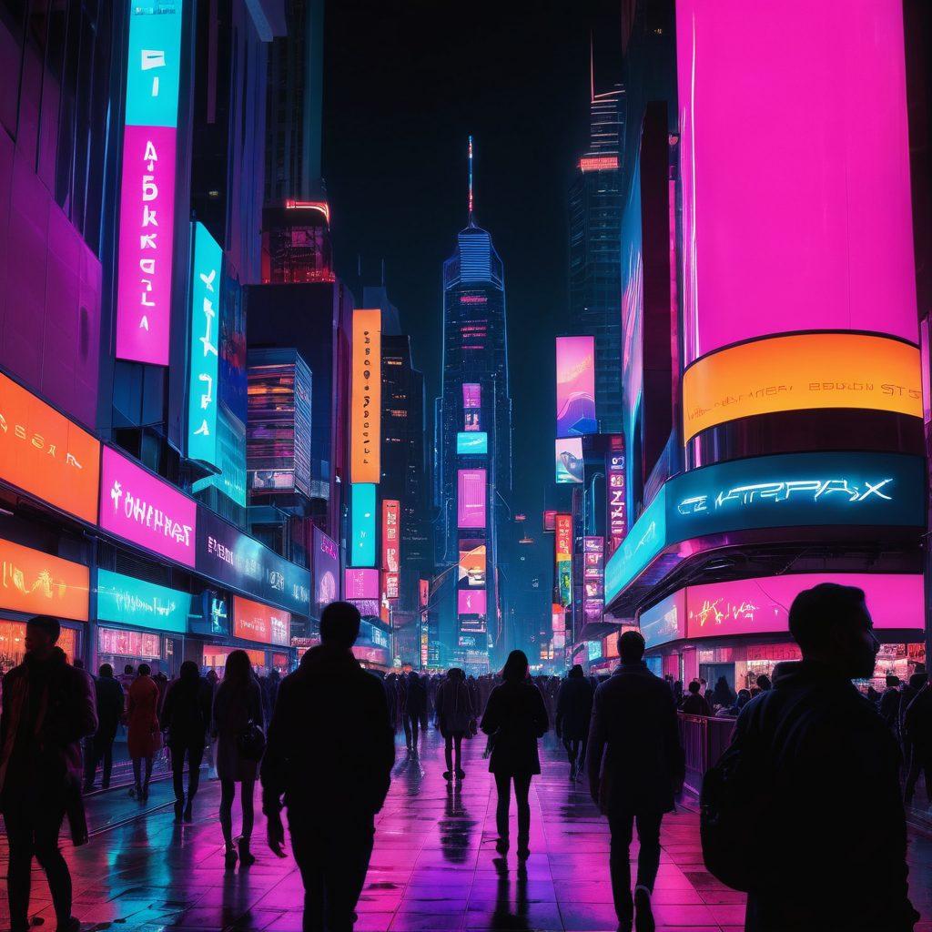A dynamic city skyline at night illuminated by colorful neon lights, featuring silhouettes of diverse people streaming content on their devices. Incorporate elements like film reels, digital screens, and a subtle nod to iconic adult entertainment motifs in a tasteful manner. The atmosphere should convey excitement and accessibility in a modern setting. vibrant colors. cyberpunk.